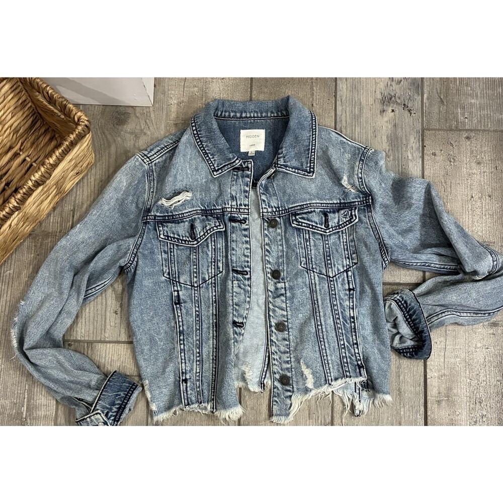 Hidden Jeans Distressed Cropped Soft Denim Jacket Light Wash Raw Hem Large - Picture 3 of 12
